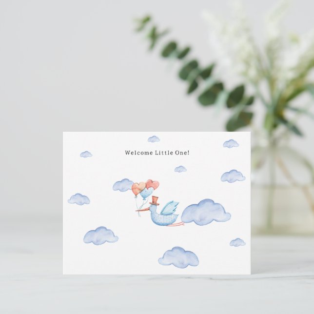 Carte Postale Cigogne volant à travers les nuages Bienvenue nouv (Debout devant)