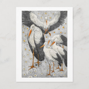 Carte Postale Cinq cigognes dans une prairie - Theo van Hoytema