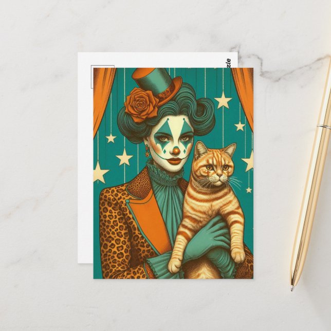 Carte Postale Circus Clown et Ginger Kitty (Devant/Arrière en situation)