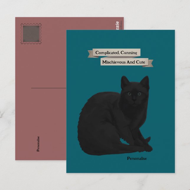 Carte Postale Citation de chat noir mystérieux rose sarcelle per (Devant / Derrière)