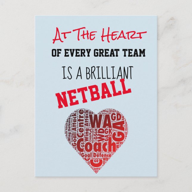 Carte Postale Citation de l'entraîneur de Netball Coeur Motivati (Devant)