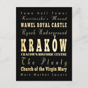 Carte Postale Cité de Cracovie Pologne Typographie Art
