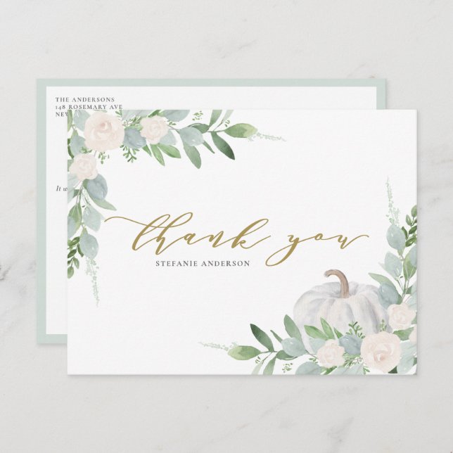 Carte Postale Citrouille blanc et verdure Merci d'automne (Devant / Derrière)