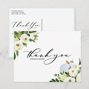 Carte Postale Citrouille bleue et fleurs blanches Remerciement d