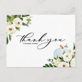 Carte Postale Citrouille bleue et fleurs blanches Remerciement d