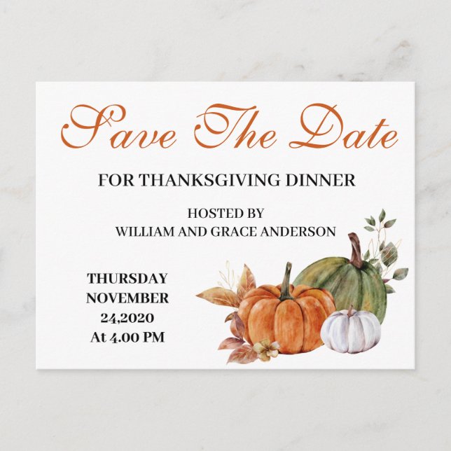Carte Postale Citrouille d'aquarelle Thanksgiving Enregistrer la (Devant)