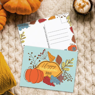 Carte Postale Citrouille de Thanksgiving d'art folklorique bleu