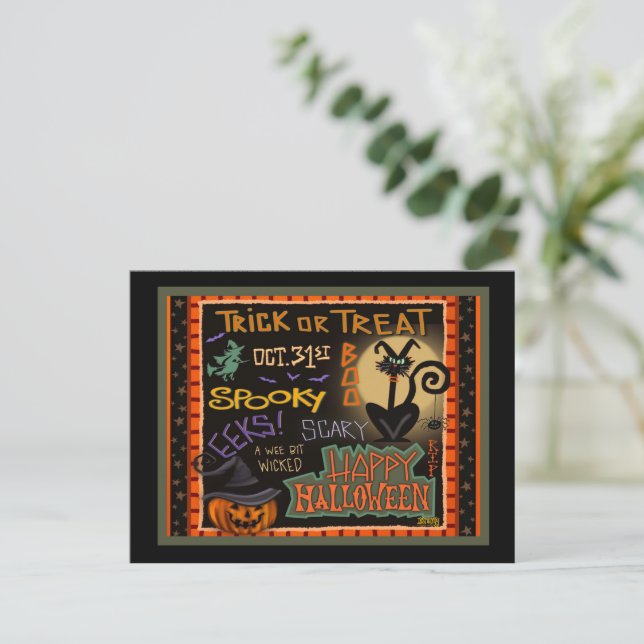 Carte Postale Citrouille d'Halloween ensorcelée Chat noir Enseig (Debout devant)