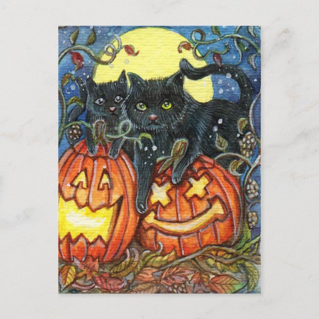 Carte Postale Citrouille d'Halloween et chats noirs (Devant)