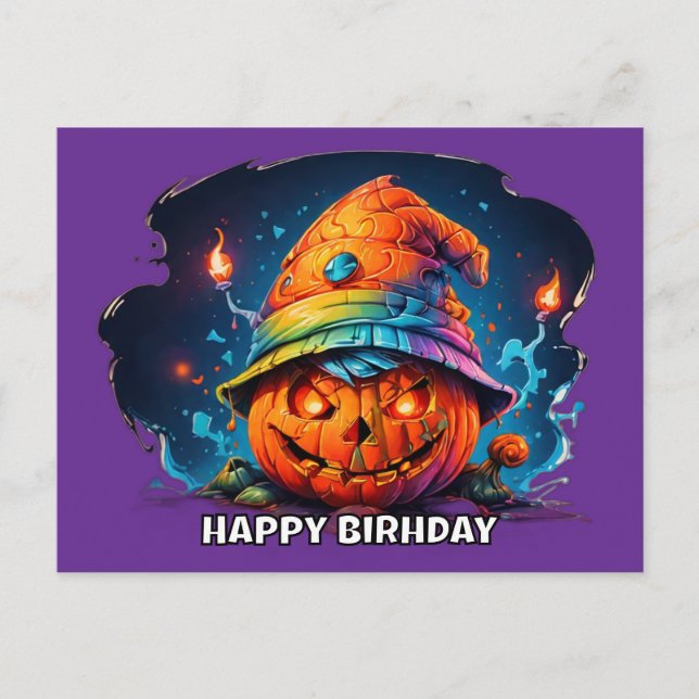 Carte Postale citrouille effrayante avec chapeau d'anniversaire  (Devant)