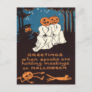 Carte Postale Citrouille Jack O' Lantern Fantôme Chat Noir Arbre