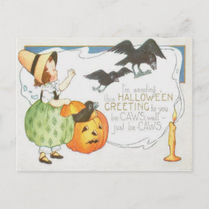 Carte Postale Citrouille Jack O Lantern Fantôme Corbeau Fille Bo