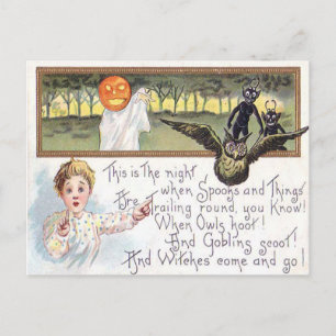 Carte Postale Citrouille Jack O' Lantern Fantôme Hibou Gobelin