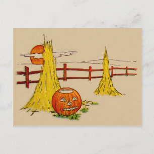 Carte Postale Citrouille Lanterne Tas de Foin Pleine Lune Nuages