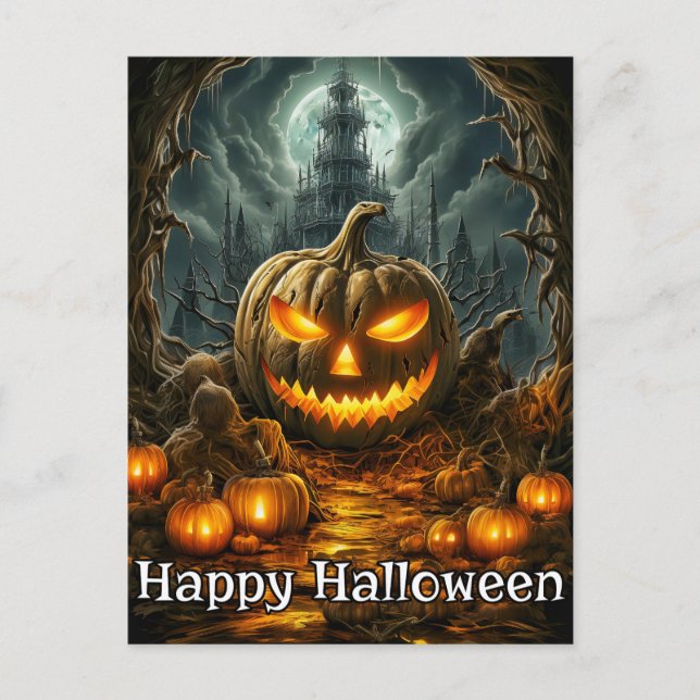 Carte Postale Citrouille Nefarious bien éclairé | Bonne Hallowee (Devant)