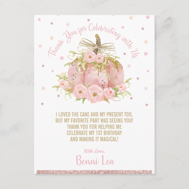 Carte Postale Citrouille rose chic 1er anniversaire Merci (Devant)