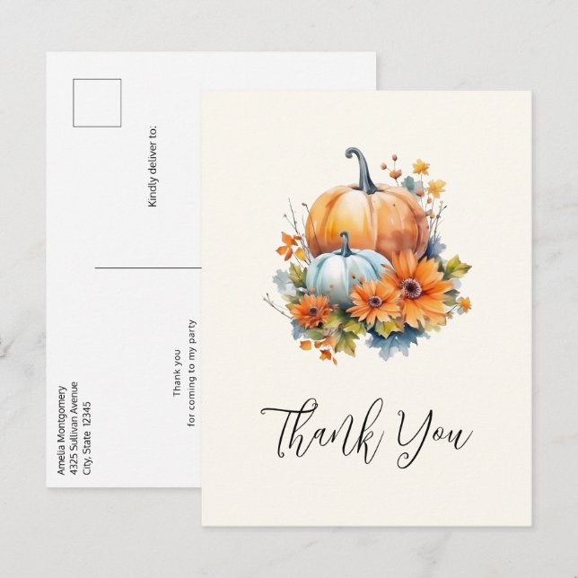 Carte Postale Citrouilles d'automne avec Fleurs et Merci de Foli (Devant / Derrière)
