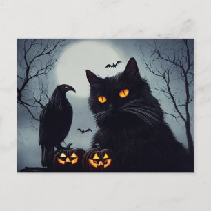 Carte Postale Citrouilles d'Halloween chat et corbeau à la plein