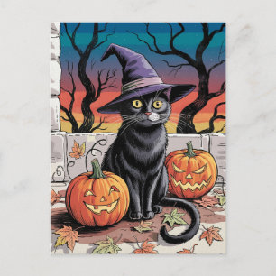 Carte Postale Citrouilles et chat noir modernes tendance pour Ha