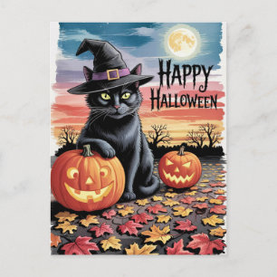 Carte Postale Citrouilles et chat noir modernes tendance pour Ha