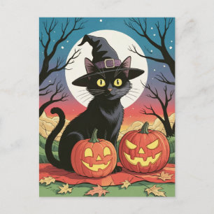 Carte Postale Citrouilles et chat noir modernes tendance pour Ha