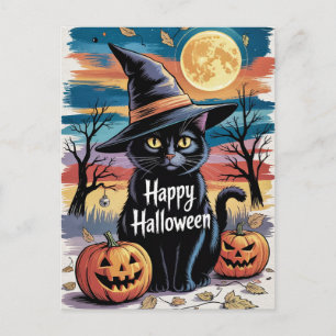 Carte Postale Citrouilles et chat noir modernes tendance pour Ha