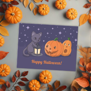 Carte Postale Citrouilles Lanterne Chat Noir Halloween Violet