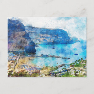 Carte Postale Cityscape Puerto de Morgan at Gran Canaria. Paint.