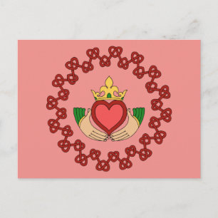 Carte Postale Claddagh et Red Knotwork sur rose