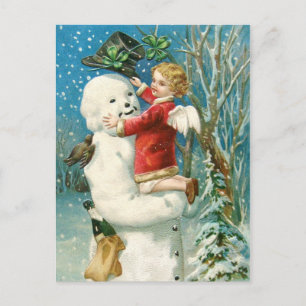 Carte Postale Clapsaddle : Snowman avec fille ange