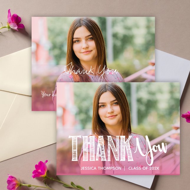 Carte Postale Classe de 2025 Merci de graduation de deux photos  (Class of 2025 Pink Two Photo Graduation Thank you Postcard)