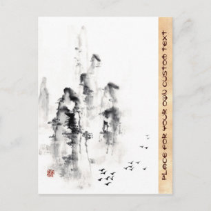 Carte Postale Classic chinois oriental sumi-e rose scène de mont