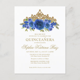 Carte Postale Classic Floral Royal Blue Gold Tiara Quinceañera