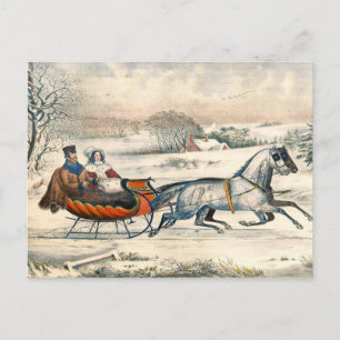 Carte Postale Classique 1853 Traîneau Currier Ives Route Hiver