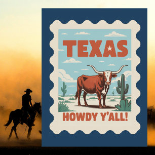 Carte Postale Classique Vintage Cowboy Longhorn du Texas