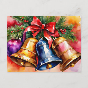 Carte Postale Cloches de Noël, 3, oeuvre d'art à l'aquarelle