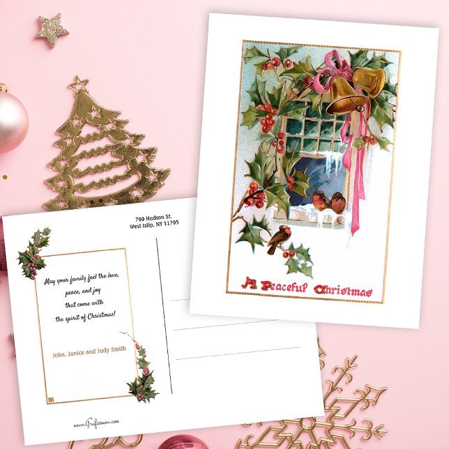 Carte Postale Cloches de Noël, Ruban, Holly & Birds à la fenêtre (Créateur téléchargé)