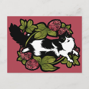 Carte Postale Clover Tuxedo Chat Floral Chats