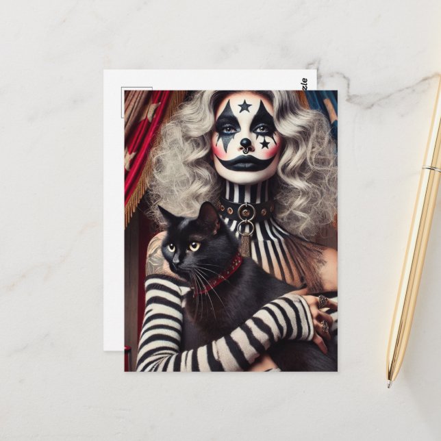 Carte Postale Clown de cirque et un Kitty noir (Devant/Arrière en situation)