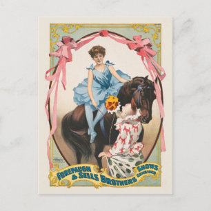 Carte Postale Clown Distribuant Des Fleurs À Une Femme À Cheval