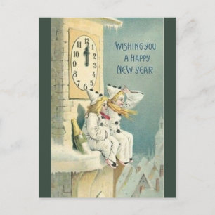 Carte Postale Clowns Vintage Avec Vin Près de l'Horloge Bonne An