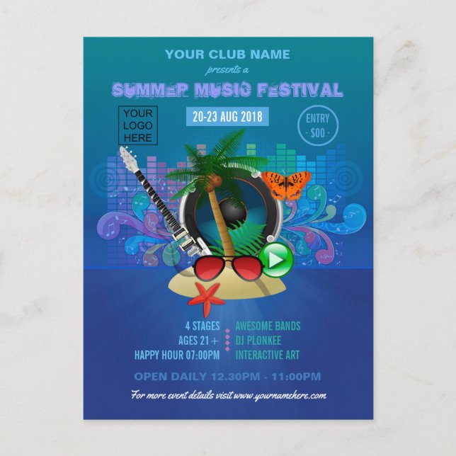 Carte Postale Club Summer Music Festival ajouter un logo publici (Devant)