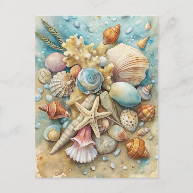 Carte Postale Coastal Beach Seashells Starfish Aquarelle Art (Devant)