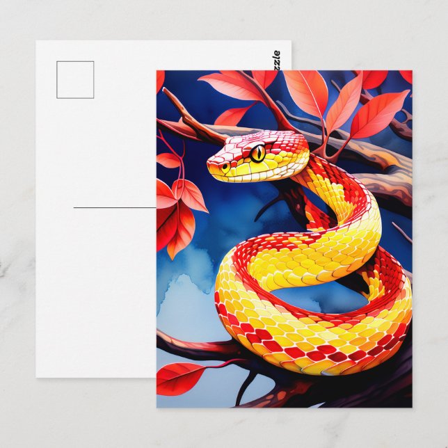 Carte Postale Cobra avec des écailles rouge et jaune vibrantes d (Devant / Derrière)