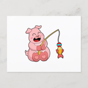Carte Postale Cochon à la pêche avec un poisson