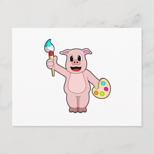 Carte Postale Cochon à la peinture avec pinceau et couleur (Devant)