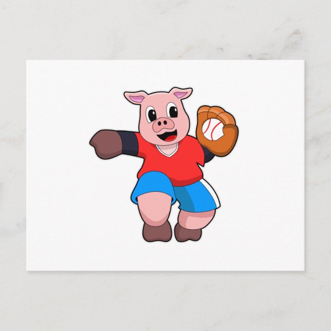 Carte Postale Cochon au baseball avec gant de baseball (Devant)