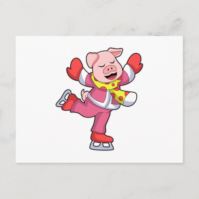 Carte Postale Cochon au patinage sur glace avec patins sur glace (Devant)