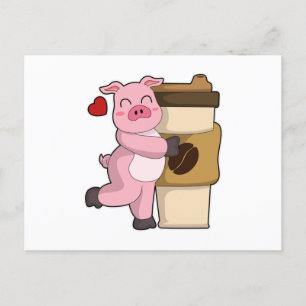 Carte Postale Cochon avec café pour aller