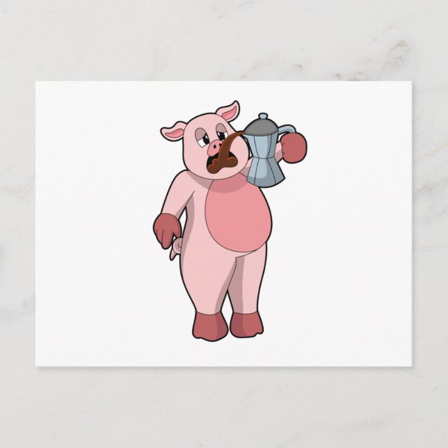 Carte Postale Cochon avec cafetière (Devant)